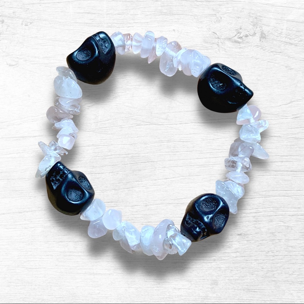 ⭐️ Handmade Rose Quartz and Skulls Stretch Bracelet